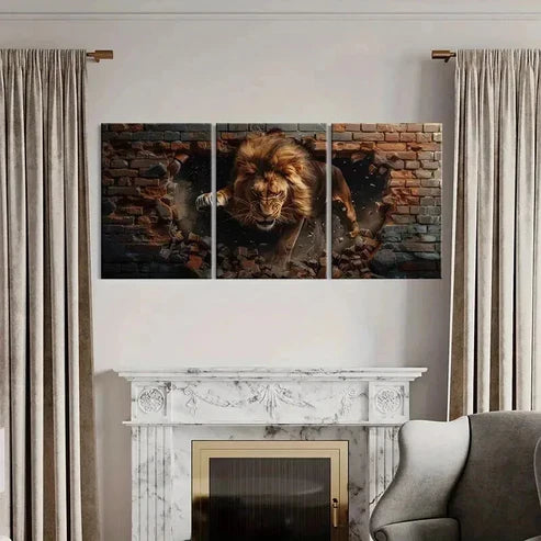 3pcs Majestic Lion Destroying Bricks Wall Art Canvas Unframed - High Quality Print 100% Australian Made Wall Canvas