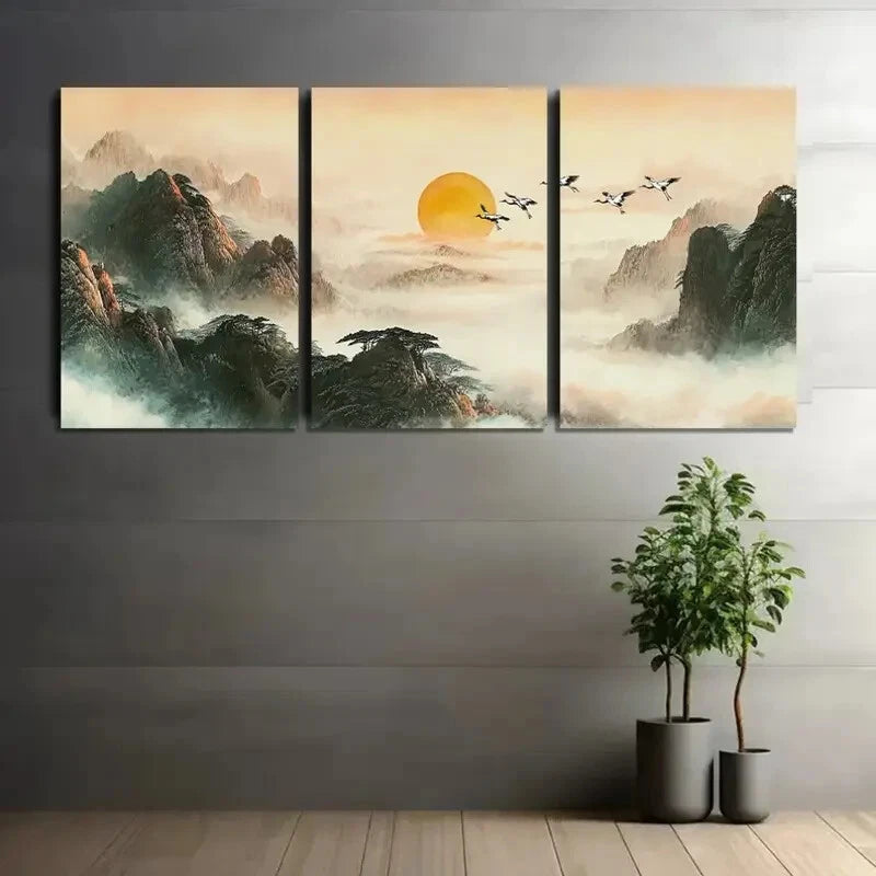 3pcs Mountains and Floating Clouds in Soft Hues Metal Print Ready to Hang Art - Bella Home Decor