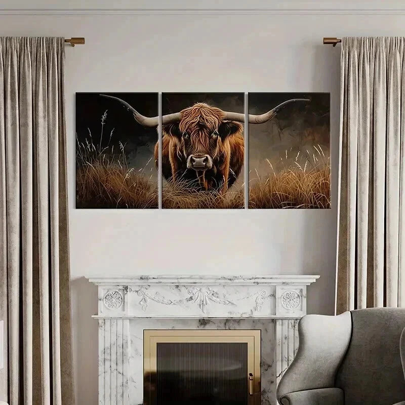 3pcs Scottish Highland Cow In Grass Wall Art Set Canvas Framed 50x70cm - High Quality Print 100% Australian Made Wall Canvas Ready to Hang - Bella Home Decor