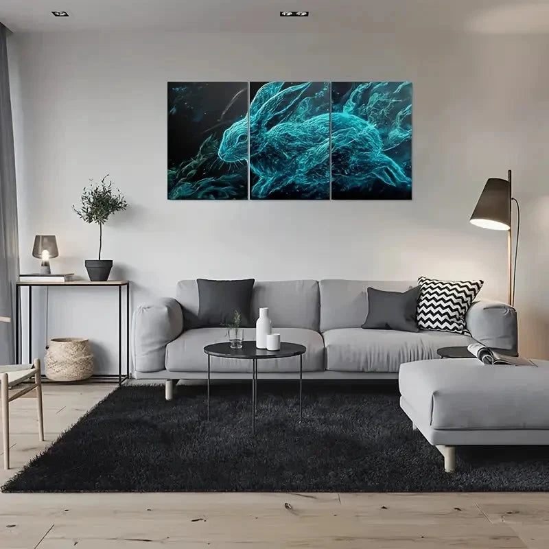 3pcs Vibrant Teal Modern Blue Smoke Effect Animal Metal Print Ready to Hang Art