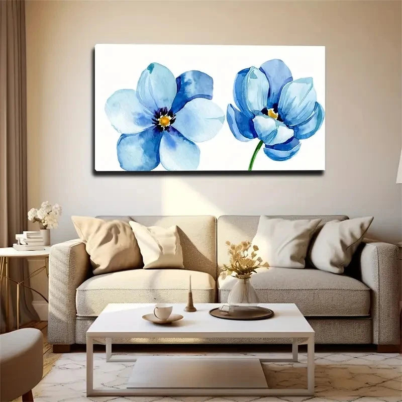 Blue Flowers White Wall Art Canvas Office Home Room Framed 120x60cm