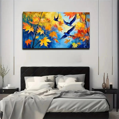 Autumn Maple Leaves Flying Bird Wall Art Canvas Office Home Room Framed 120x60cm