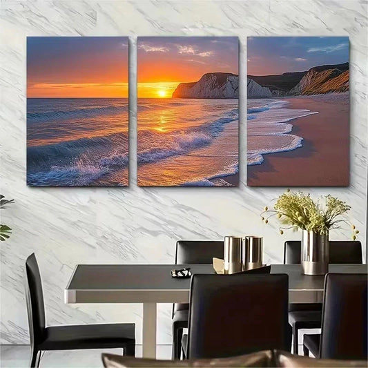 3pcs Sunset at Hengistbury Head Beach Wall Art Set Canvas Framed 40x60cm - High Quality Print 100% Australian Made Wall Canvas Ready to Hang - Bella Home Decor