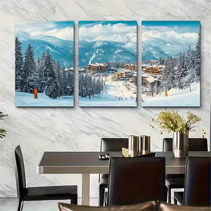 3pcs Snow-Covered Mountains & Cabin Metal Print Ready to Hang Art