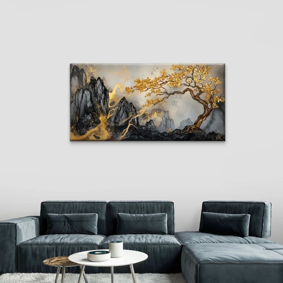 Tree Yellow Leaves Mist Wall Art Canvas Office Home Room Framed 120x60cm