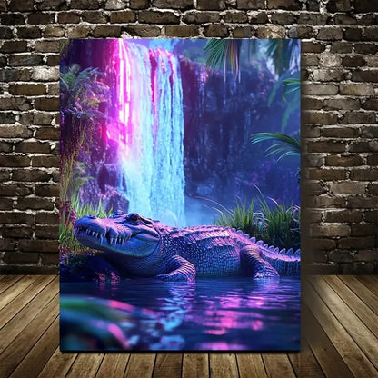Vibrant Neon Glow Crocodile Scene Painting  40x60cm Metal Print Ready to Hang - Bella Home Decor