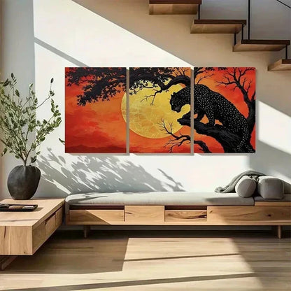 3pcs Black Leopard & Silhouetted Trees in Sunset  Art Set Canvas Unframed - High Quality Print 100% Australian Made Wall Canvas - Bella Home Decor