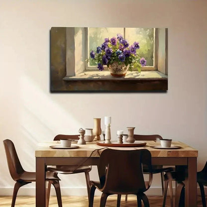 Window View With Purple Flowers Wall Art Canvas Office Home Room Framed 120x60cm