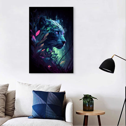 Glowing Neon Leopard Wildlife Night Forest 40x60cm Metal Print Ready to Hang