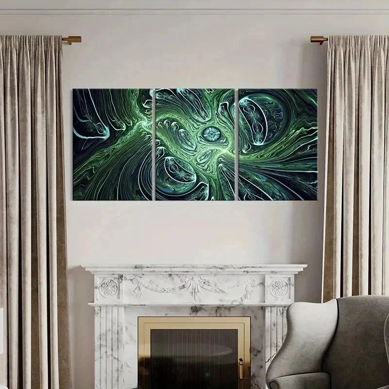 3pcs Green Swirl Modern Abstract Psychedelic Wall Art Set Canvas Framed 60x90cm - High Quality Print 100% Australian Made Wall Canvas Ready to Hang