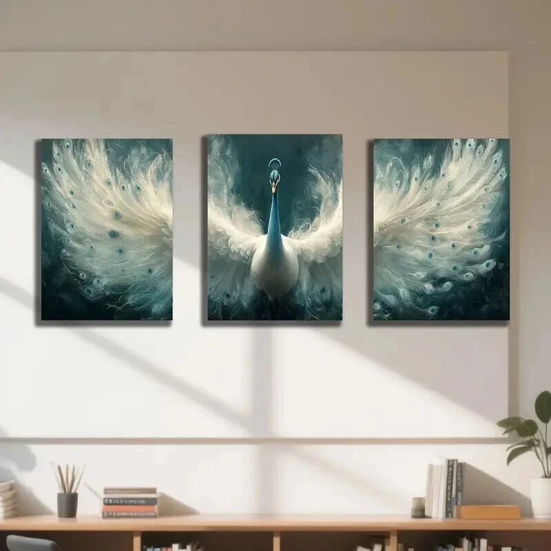 3pcs Majestic Blue & White Pea Rooster Wall Art Set Canvas Framed 50x70cm - High Quality Print 100% Australian Made Wall Canvas Ready to Hang