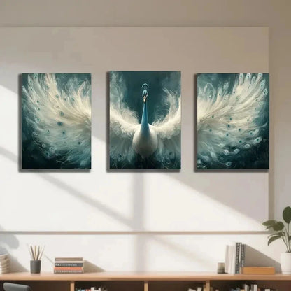 3pcs Majestic Blue & White Pea Rooster Wall Art Set Canvas Framed 50x70cm - High Quality Print 100% Australian Made Wall Canvas Ready to Hang