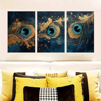 3pcs Vibrant Peacock Feather Abstract Art  Wall Art Set Canvas Framed 40x60cm - High Quality Print 100% Australian Made Wall Canvas Ready to Hang
