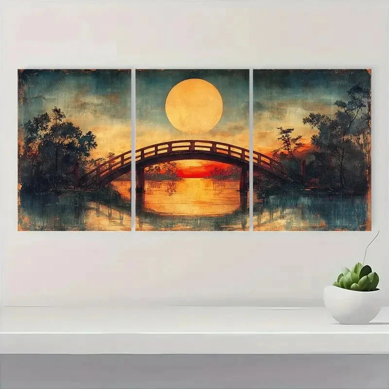 3pcs Japanese Ukiyo E Meguro Drum Bridge Wall Art Set Canvas Framed 60x90cm - High Quality Print 100% Australian Made Wall Canvas Ready to Hang - Bella Home Decor