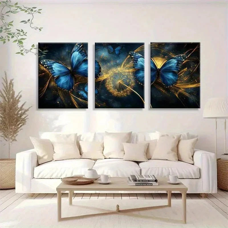 3pcs Dreamy Blue Butterfly and Golden Swirl Metal Print Ready to Hang Art - Bella Home Decor