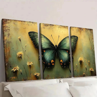 3pcs Green Butterfly & Floral  GGB     Wall Art Set Canvas Framed 60x90cm - High Quality Print 100% Australian Made Wall Canvas Ready to Hang