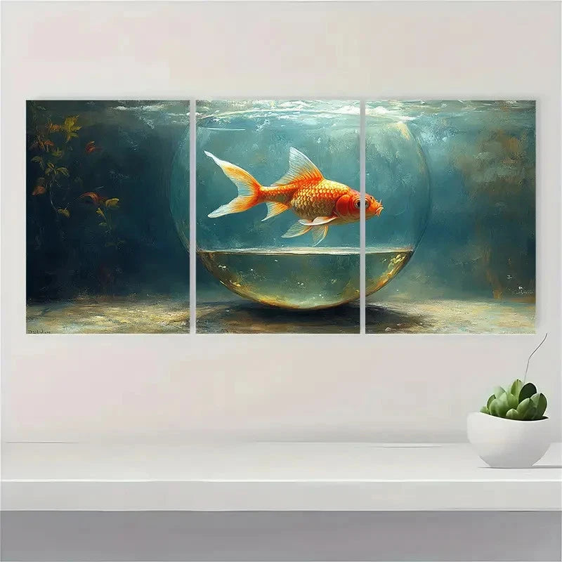 3pcs  The Goldfish Bowl Fine Art  GB   Wall Art Set Canvas Framed 50x70cm - High Quality Print 100% Australian Made Wall Canvas Ready to Hang - Bella Home Decor