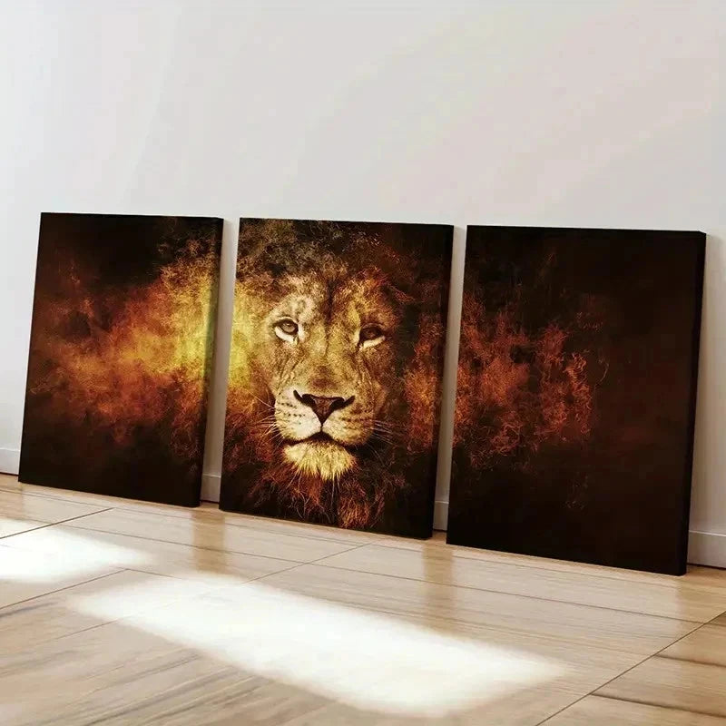 3pcs Dramatic Golden Lion & Black Background Wall Art Set Canvas Framed 40x60cm - High Quality Print 100% Australian Made Wall Canvas Ready to Hang