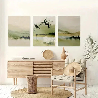 3pcs Green Mountain & Bamboo Forest Wall Art Set Canvas Unframed - High Quality Print 100% Australian Made Wall Canvas