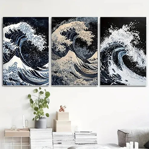 3pcs Ocean Wave Abstract QWA Wall Art Set Canvas Unframed - High Quality Print 100% Australian Made Wall Canvas