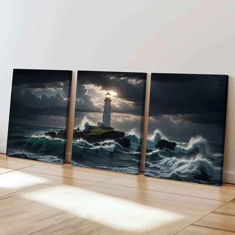 3pcs Sea Lighthouse Wave Island Vintage Wall Art Set Canvas Framed 60x90cm - High Quality Print 100% Australian Made Wall Canvas Ready to Hang
