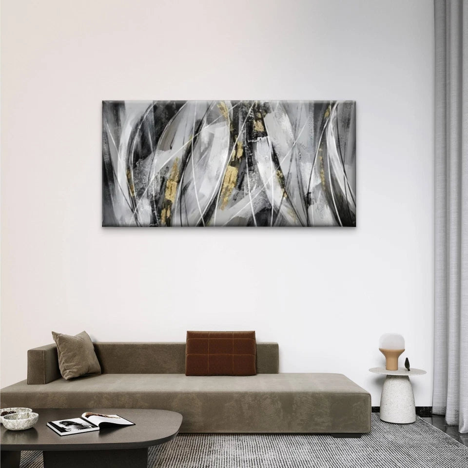 Black & White Golden Accents Wall Art Canvas Office Home Room Framed 120x60cm