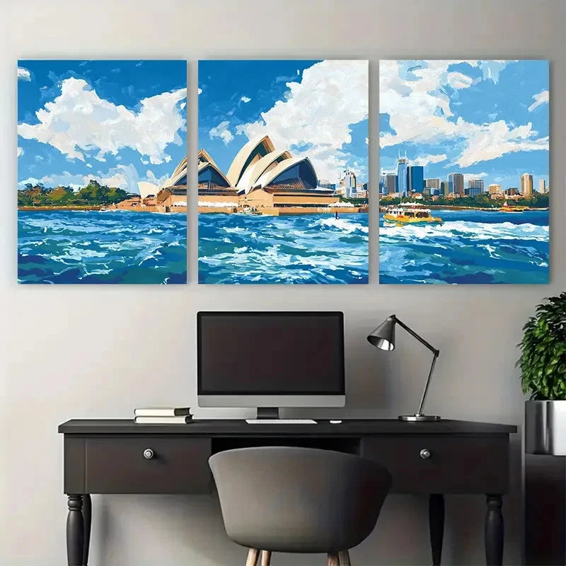 3pcs Abstract Australia Sydney Opera House Wall Art Set Canvas Framed 60x90cm - High Quality Print 100% Australian Made Wall Canvas Ready to Hang - Bella Home Decor