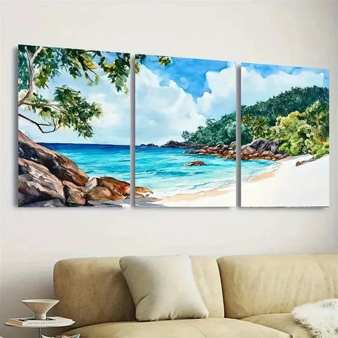 3pcs Beach Scene with Palm Trees & Ocean Wall Art Canvas Unframed - High Quality Print 100% Australian Made Wall Canvas - Bella Home Decor