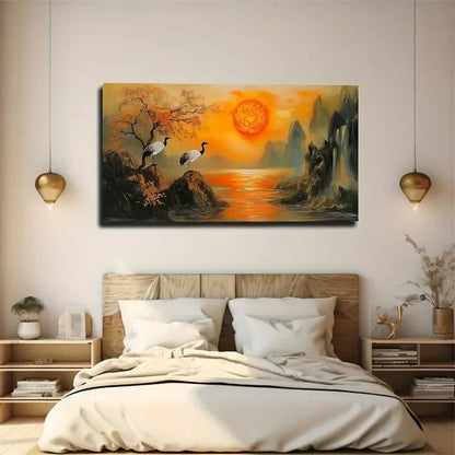 Tranquil Landscape With Cranes Wall Art Canvas Office Home Room Framed 120x60cm - Bella Home Decor