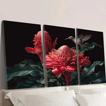 3pcs tropical torch ginger & bird Wall Art Set Canvas Framed 50x70cm - High Quality Print 100% Australian Made Wall Canvas Ready to Hang