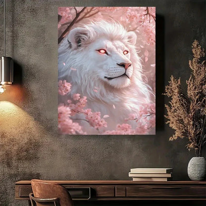 Beautiful White Lion Cherry Blossoms Fantasy Painting 40x60cm Metal Print Ready to Hang - Bella Home Decor