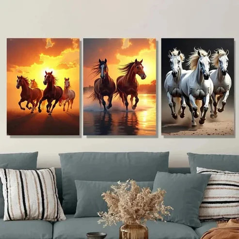 3pcs Galloping Horses Sunset and Beach Scene Wall Art Set Canvas Unframed - High Quality Print 100% Australian Made Wall Canvas