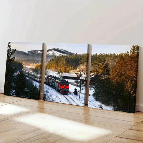 3pcs Snowy Landscape with Steam Train Wall Art Set Canvas Unframed - High Quality Print 100% Australian Made Wall Canvas
