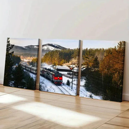 3pcs Snowy Landscape with Steam Train Wall Art Set Canvas Unframed - High Quality Print 100% Australian Made Wall Canvas