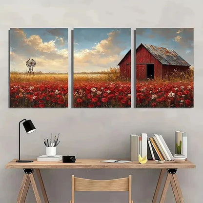3pcs Field with Weathered Red Barn & Windmill Wall Art Canvas Unframed - High Quality Print 100% Australian Made Wall Canvas