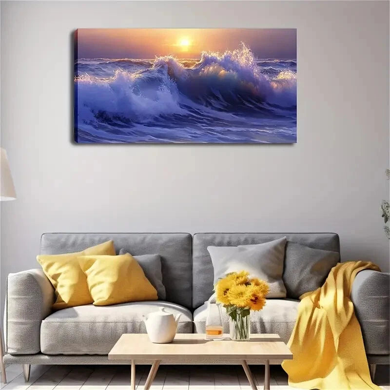 Sunset Beach Scene Waves Beach Wall Art Canvas Office Home Room Framed 120x60cm - Bella Home Decor