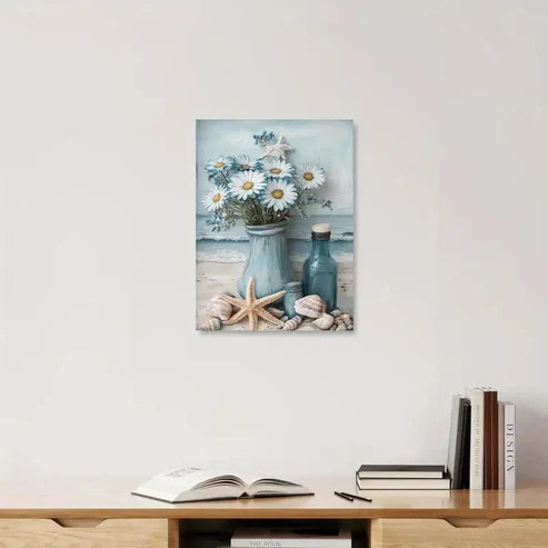 Beautiful Serene Beach & Ocean Flowers Painting 60x90cm Metal Print Ready to Hang