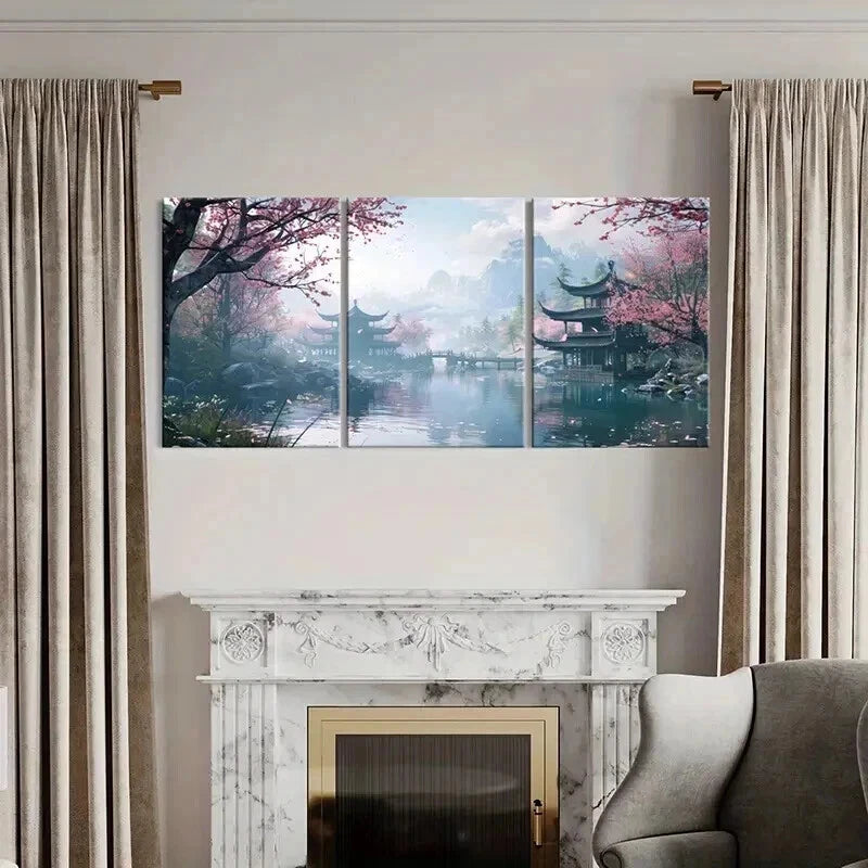 3pcs Japan Traditional Courtyard Landscape Wall Art Set Canvas Framed 40x60cm - High Quality Print 100% Australian Made Wall Canvas Ready to Hang - Bella Home Decor