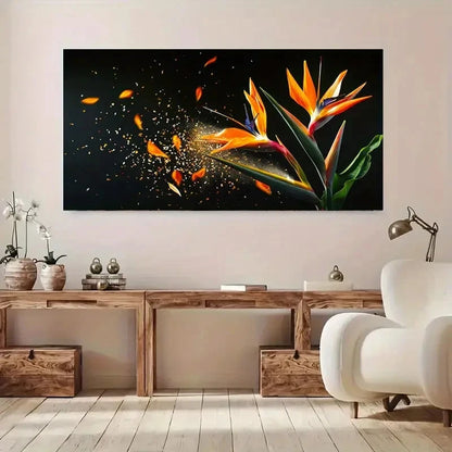 Vibrant Orange & Blue Floral Wall Art Canvas Office Home Room Framed 120x60cm