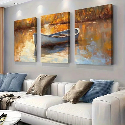 3pcs Modern Serene Lake Rustic Autumn Boat Wall Art Set Canvas Framed 40x60cm - High Quality Print 100% Australian Made Wall Canvas Ready to Hang
