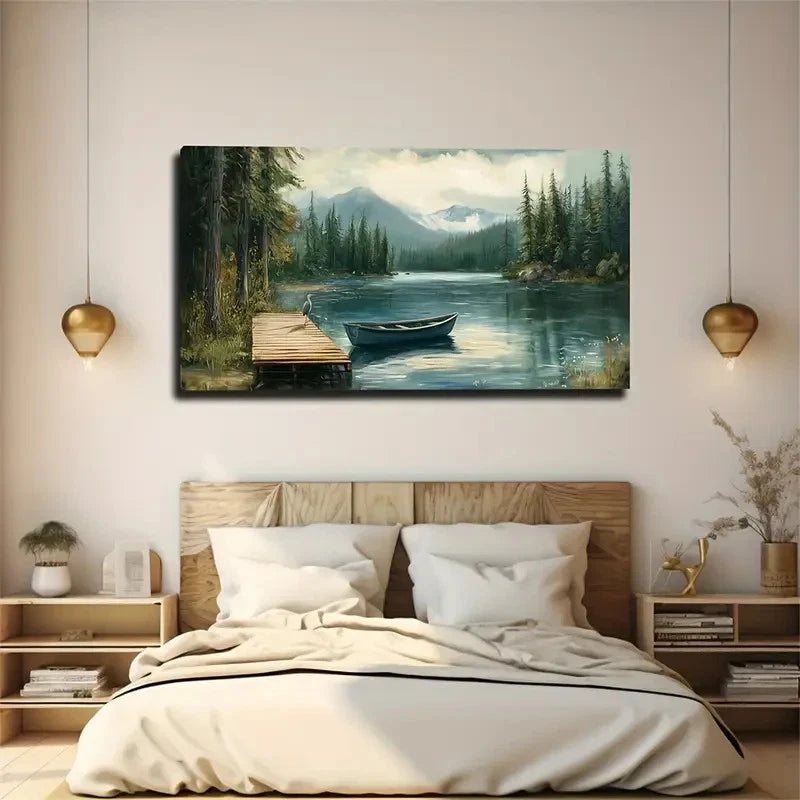A Small Wooden Boat On Lake Wall Art Canvas Office Home Room Framed 120x60cm