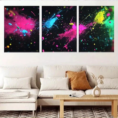3pcs Vibrant Abstract Neon Paint Splash Wall Art Set Canvas Unframed - High Quality Print 100% Australian Made Wall Canvas