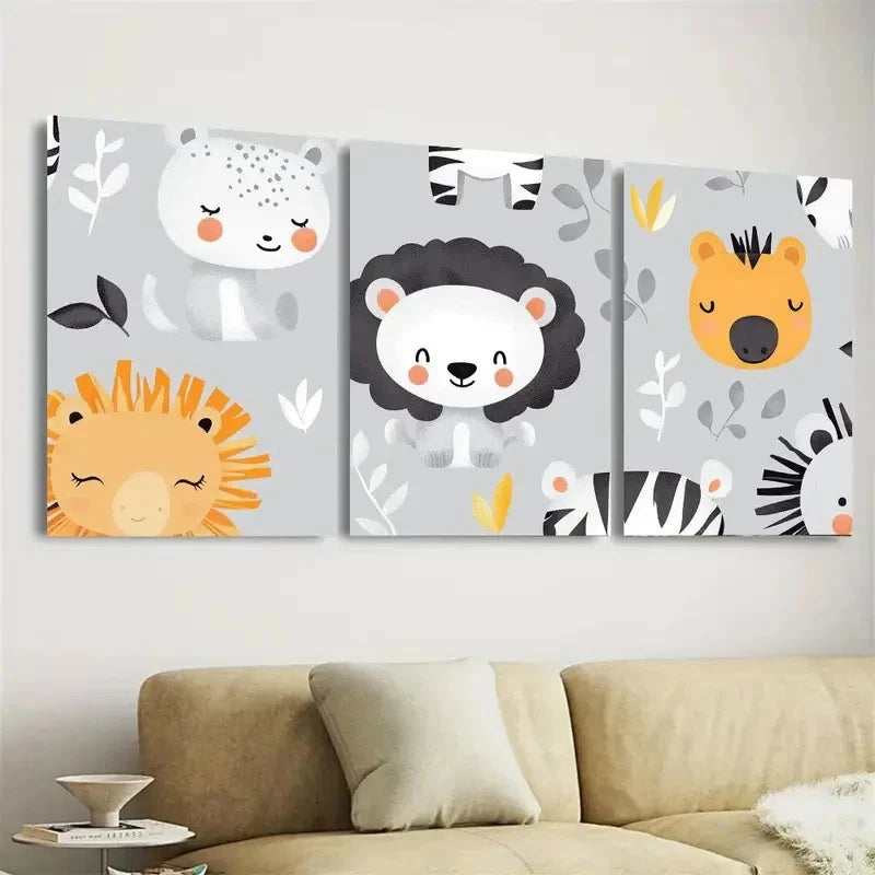 3pcs Adorable Zoo Animals Wall Art Set Canvas Framed 50x70cm - High Quality Print 100% Australian Made Wall Canvas Ready to Hang - Bella Home Decor