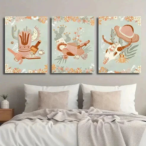 3pcs Southwestern Cowboy Boots & Hat Wall Art Canvas Unframed - High Quality Print 100% Australian Made Wall Canvas
