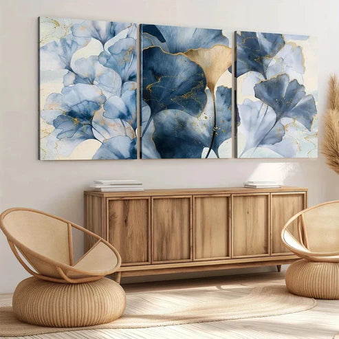 3pcs Blue Botanical Blue Leaves Abstract Wall Art Set Canvas Unframed - High Quality Print 100% Australian Made Wall Canvas - Bella Home Decor