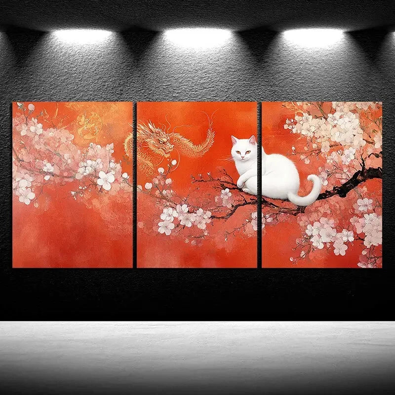 3pcs White Cat On The Cherry Blossom Tree Metal Print Ready to Hang Art - Bella Home Decor