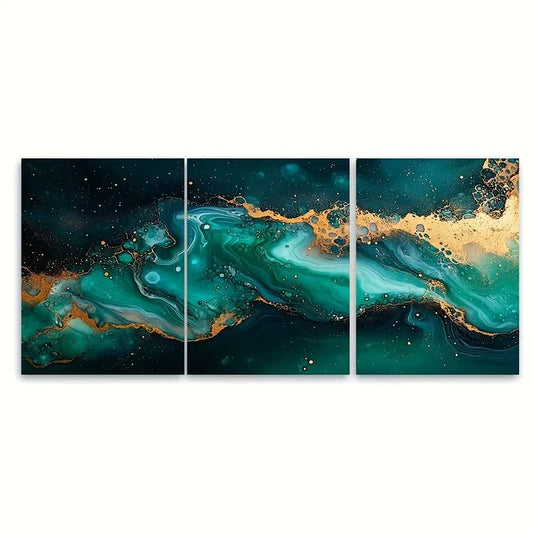 3pcs Seafoam Green and Golden Marbled Ink Painting Metal Print Ready to Hang Art