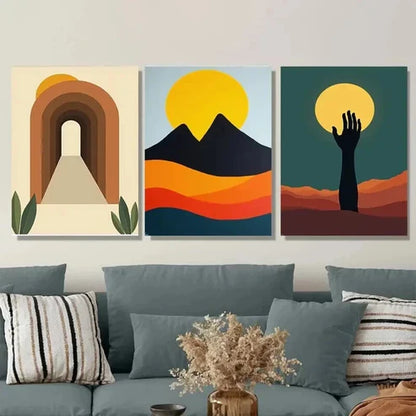 3pcs Geometric Landscape Vibrant Sunset & Mount Wall Art Set Canvas Unframed - High Quality Print 100% Australian Made Wall Canvas - Bella Home Decor