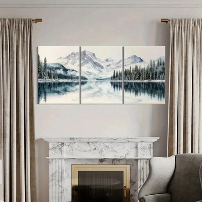 3pcs Snowy Mountains Serene Lake & Pine Trees Wall Art Set Canvas Framed 60x90cm - High Quality Print 100% Australian Made Wall Canvas Ready to Hang - Bella Home Decor