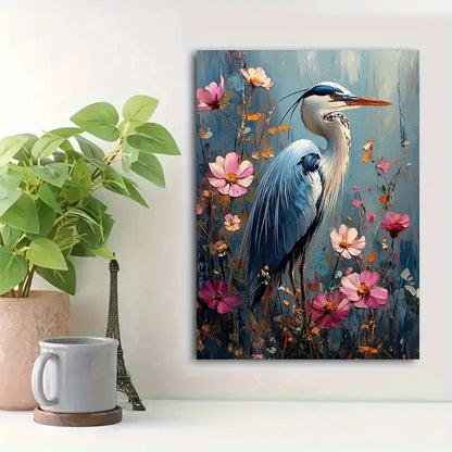 Beautiful Elegant Blue Heron Among Flowers Painting 40x60cm Metal Print Ready to Hang